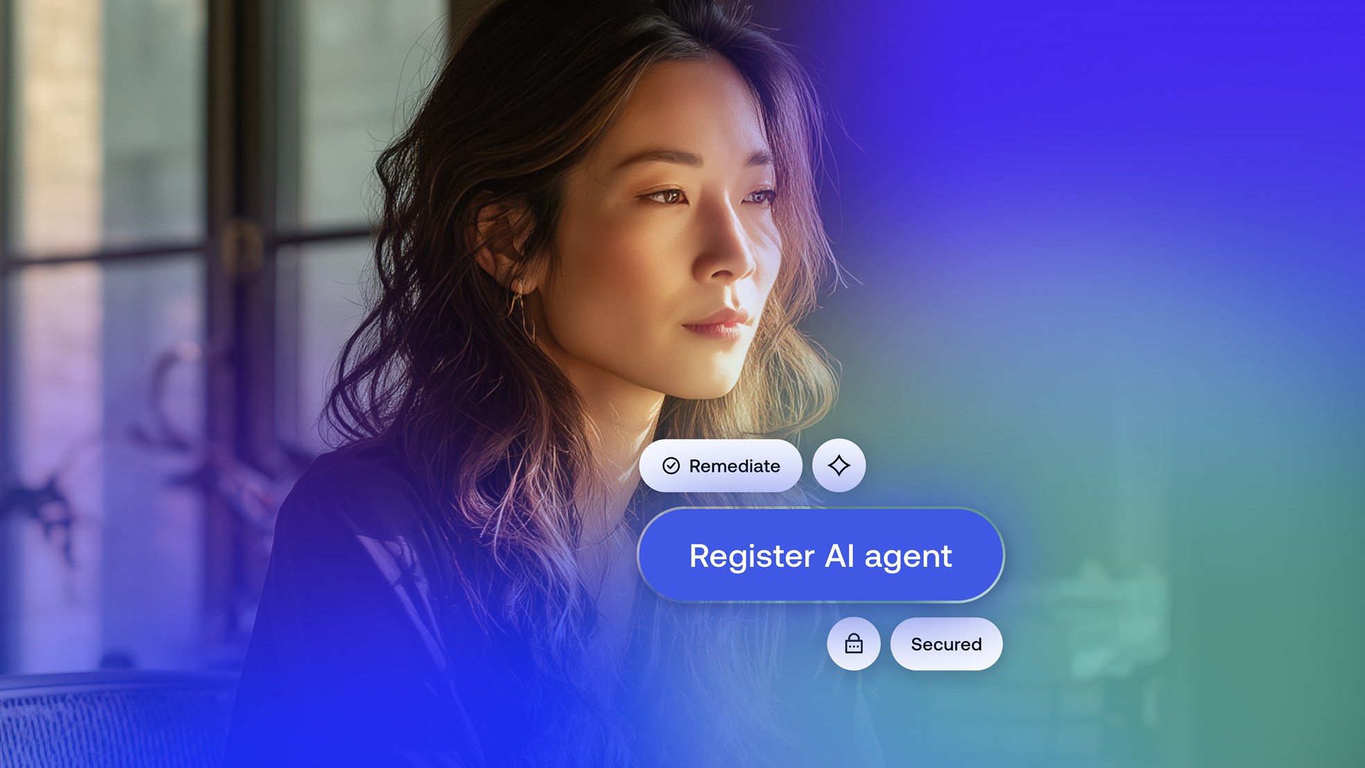  Professional looking thoughtfully at a digital interface for secure AI integration with options to register and remediate.
