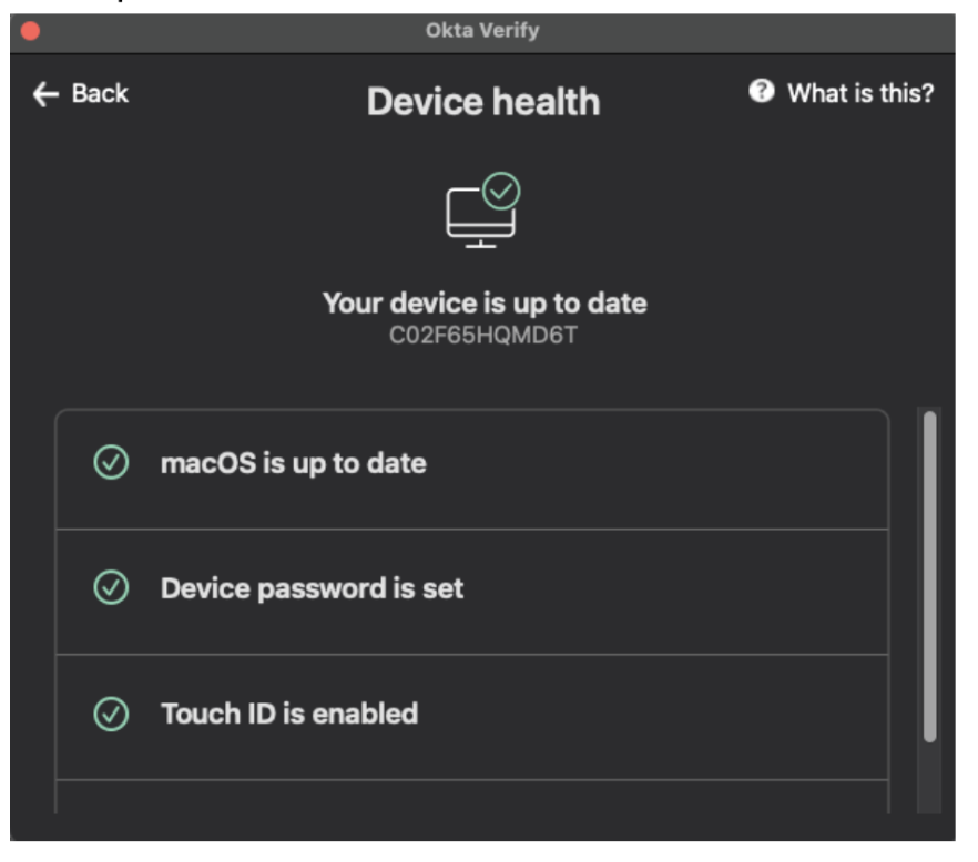 Okta Verify health check screen
