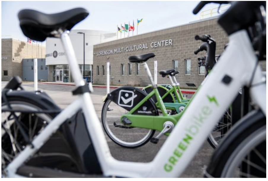 Closeup of a Greenbike frame with another Greenbike in the background
