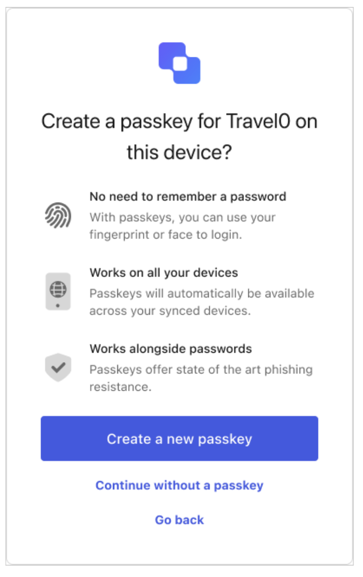 Prompt to create a passkey for Travel0