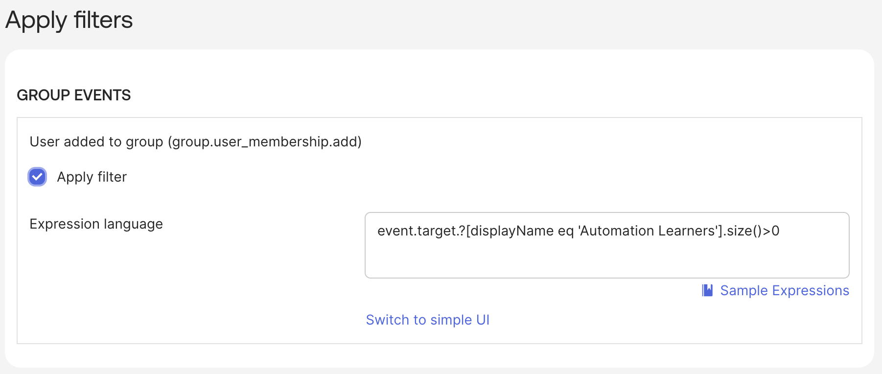 Event Hook filter advanced editing.