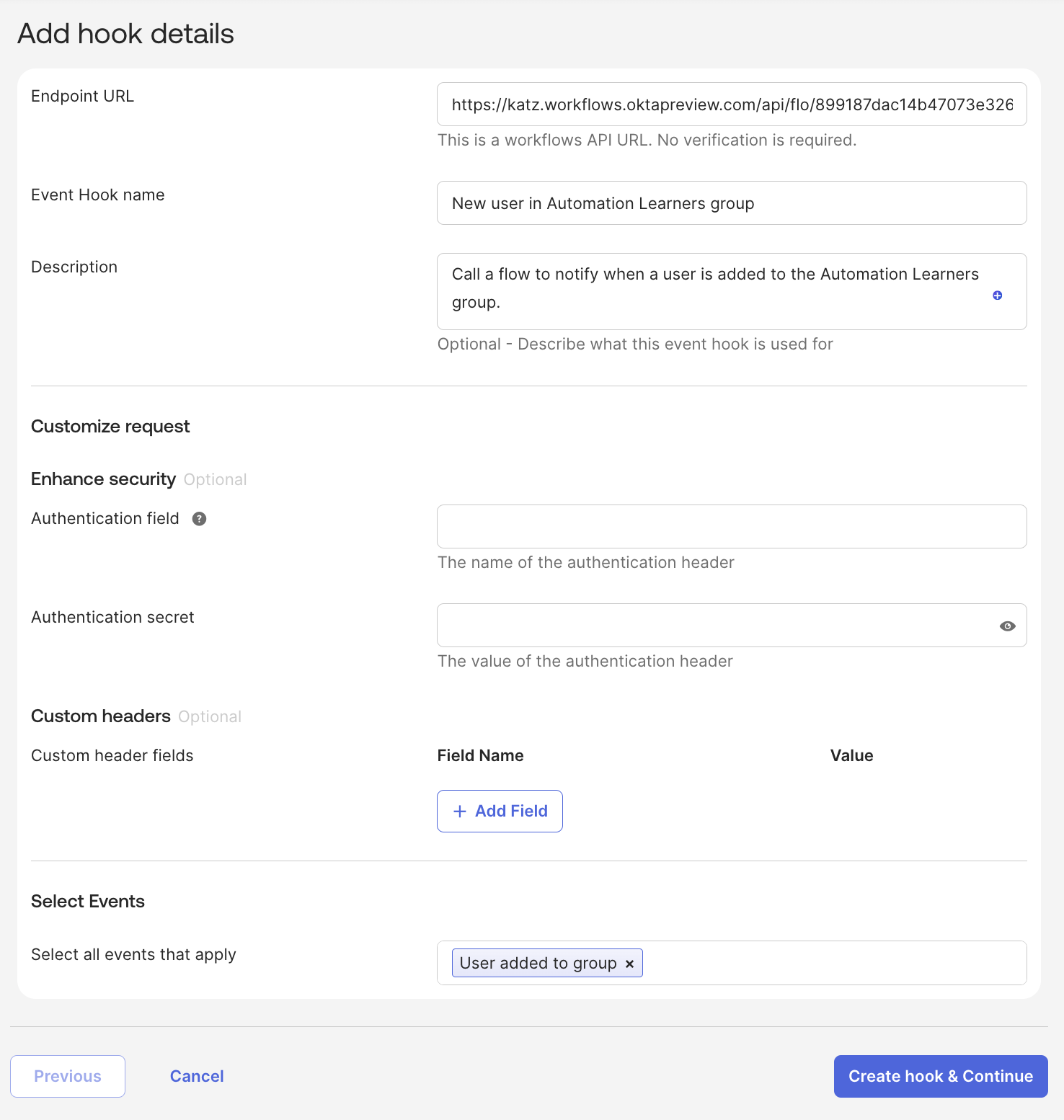 Event Hook settings.