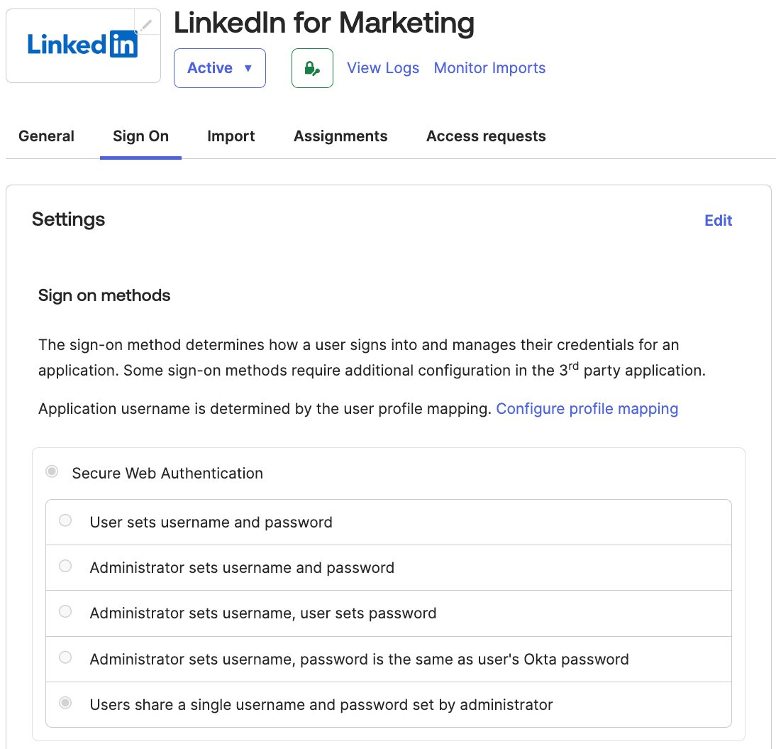Screenshot of LinkedIn for Marketing Sign On Settings