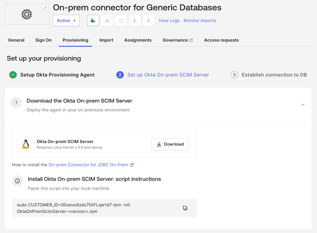 Screenshot displays the Okta On-prem connector interface for generic databases, focusing on the provisioning setup process. 