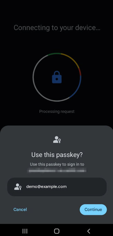 A mobile device screen displays a passkey authentication prompt for signing in. 