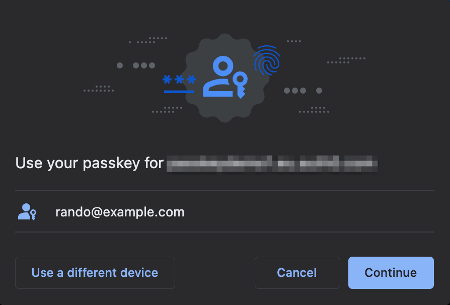 A digital authentication interface prompts the user to use a passkey for account access. 