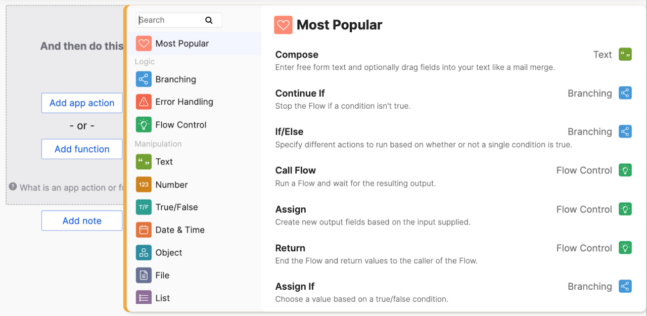 A screenshot showcasing a workflow automation interface featuring various logic tools and actions.