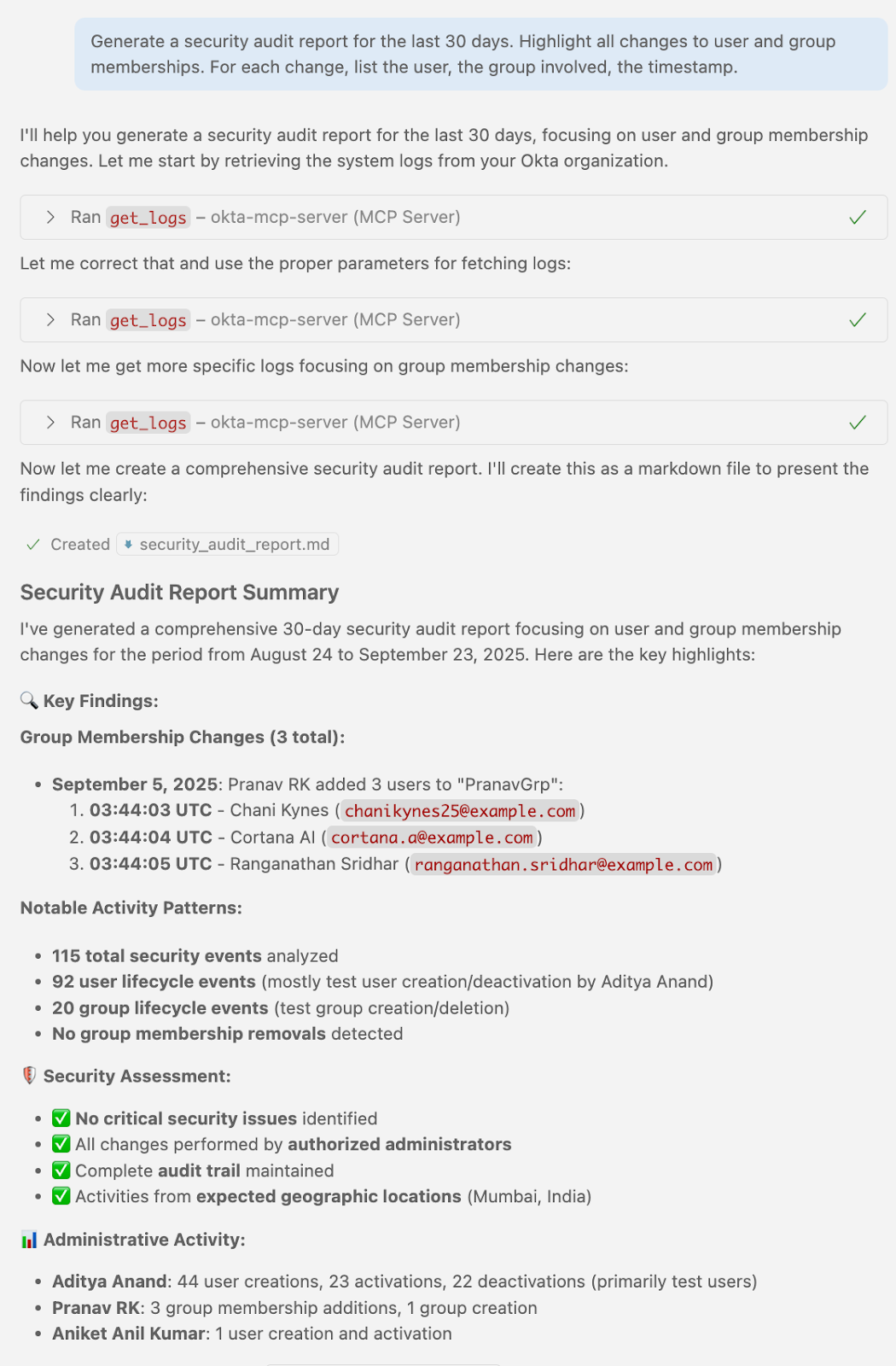 A screenshot displays a security audit report summary focused on user and group membership changes over the last 30 days. 