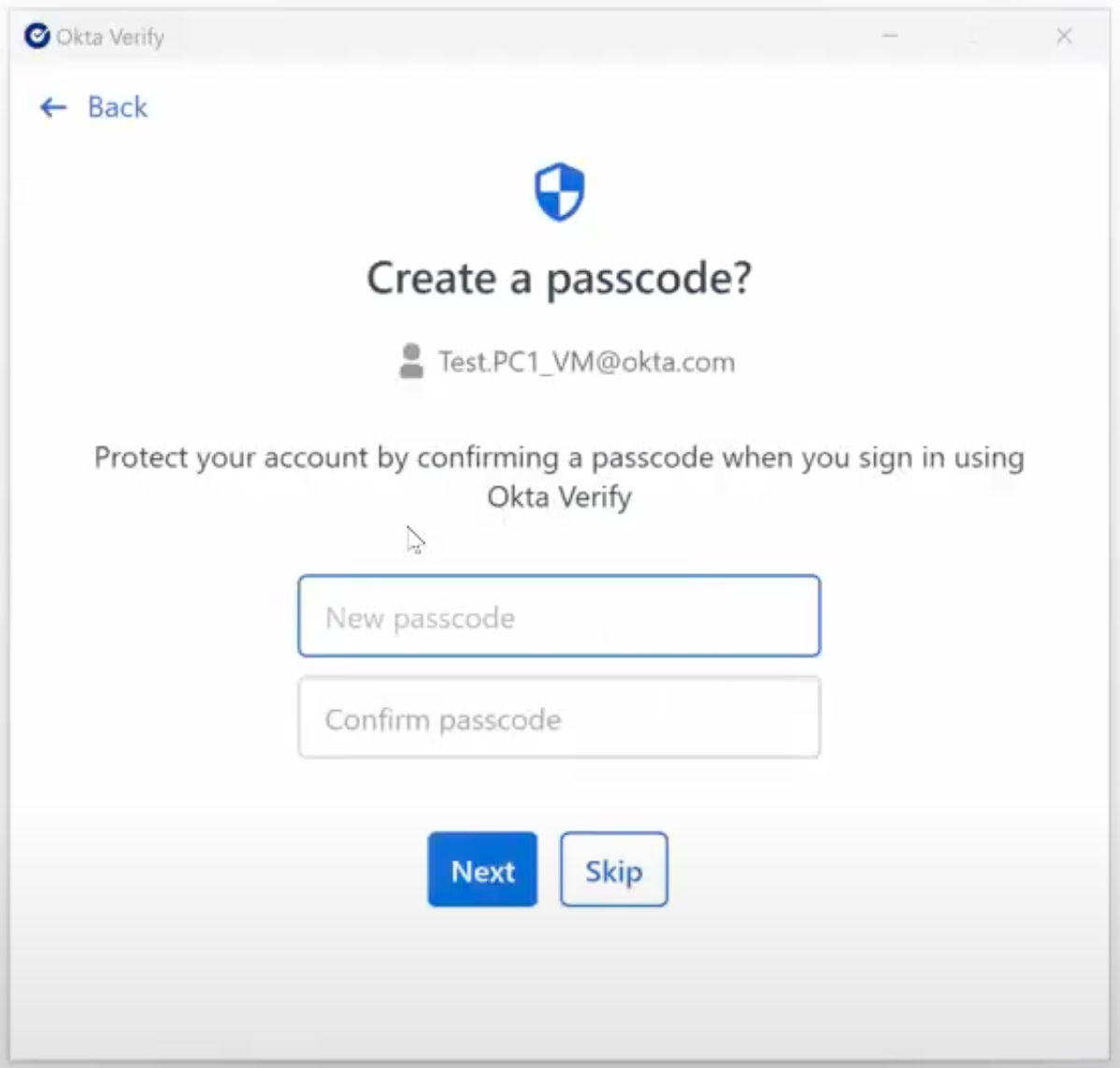 A screenshot of the Okta Verify interface prompting the user to create a passcode. 