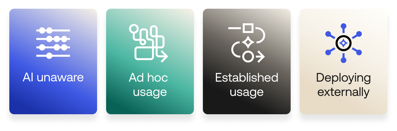 AI unaware, Ad hoc usage, Established usage, Deploying externally