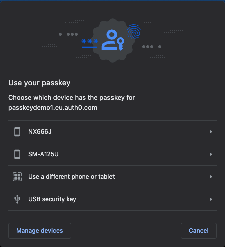 A digital interface prompts the user to select a device for passkey authentication at passkeydemo1.eu.auth0.com. 