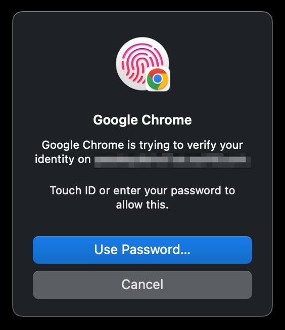 A Google Chrome dialog box prompts the user to verify their identity using Touch ID or by entering a password. 