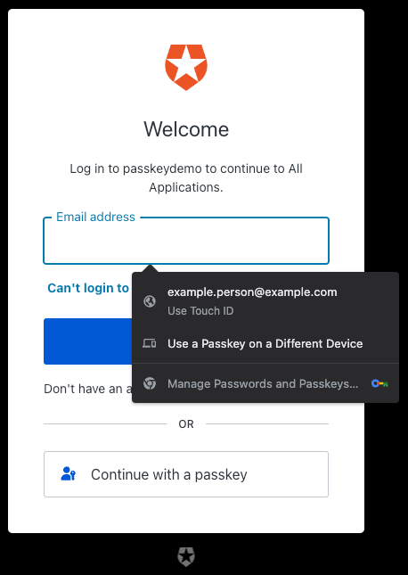 A digital login interface for passkeydemo is displayed, featuring the Auth0 logo at the top. 