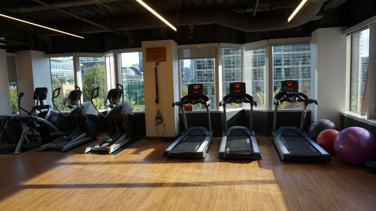 A bright and spacious gym featuring treadmills, elliptical machines, and exercise balls. 