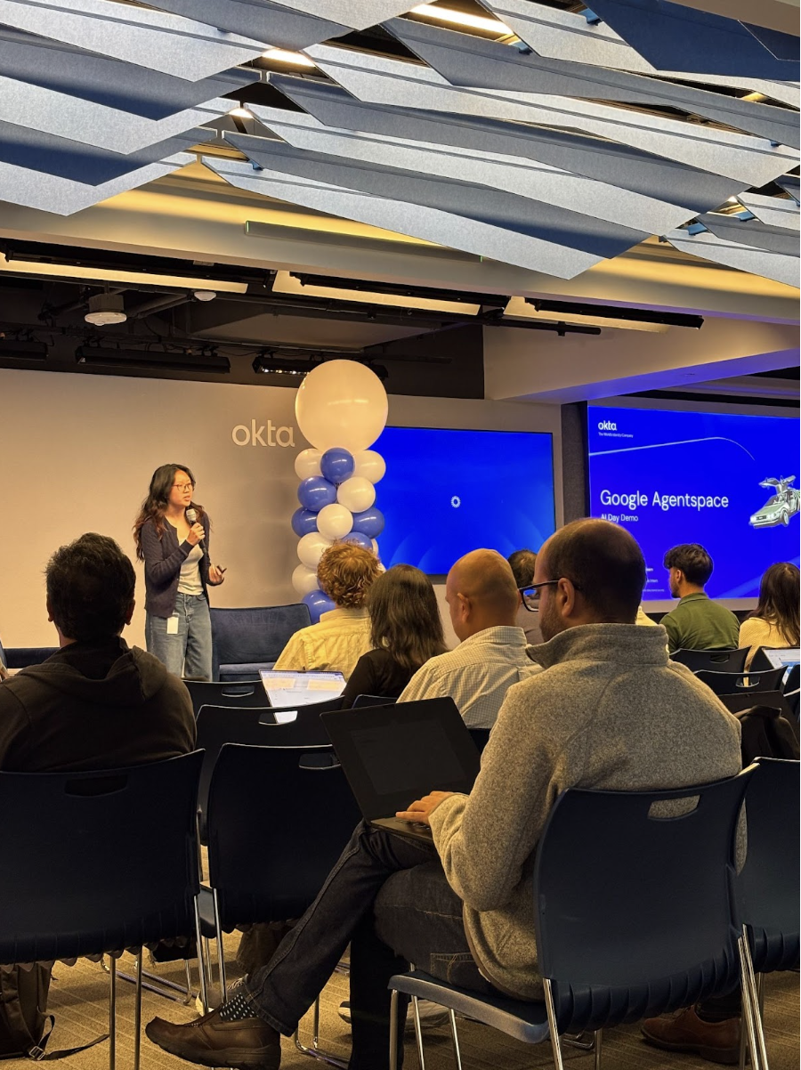 Kristen presenting with fellow intern Bryan Lai at TDI AI Day
