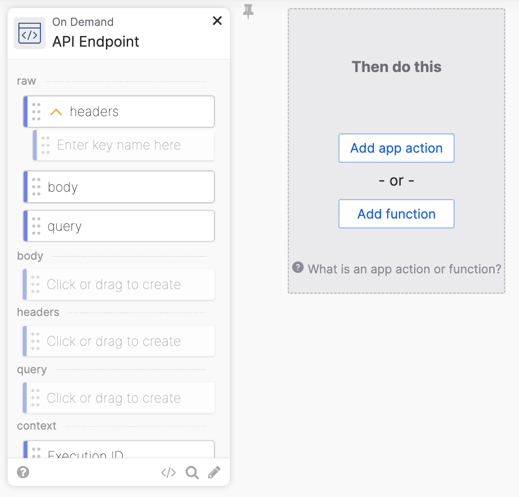 A user interface showcasing an API Endpoint setup with fields for headers, body, and query inputs.