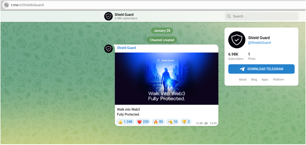 Figure 2: The Telegram channel for ShieldGuard, created January 28, 2026, has close to 7000 subscribers