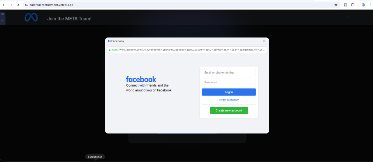 Third-stage fake Facebook login window