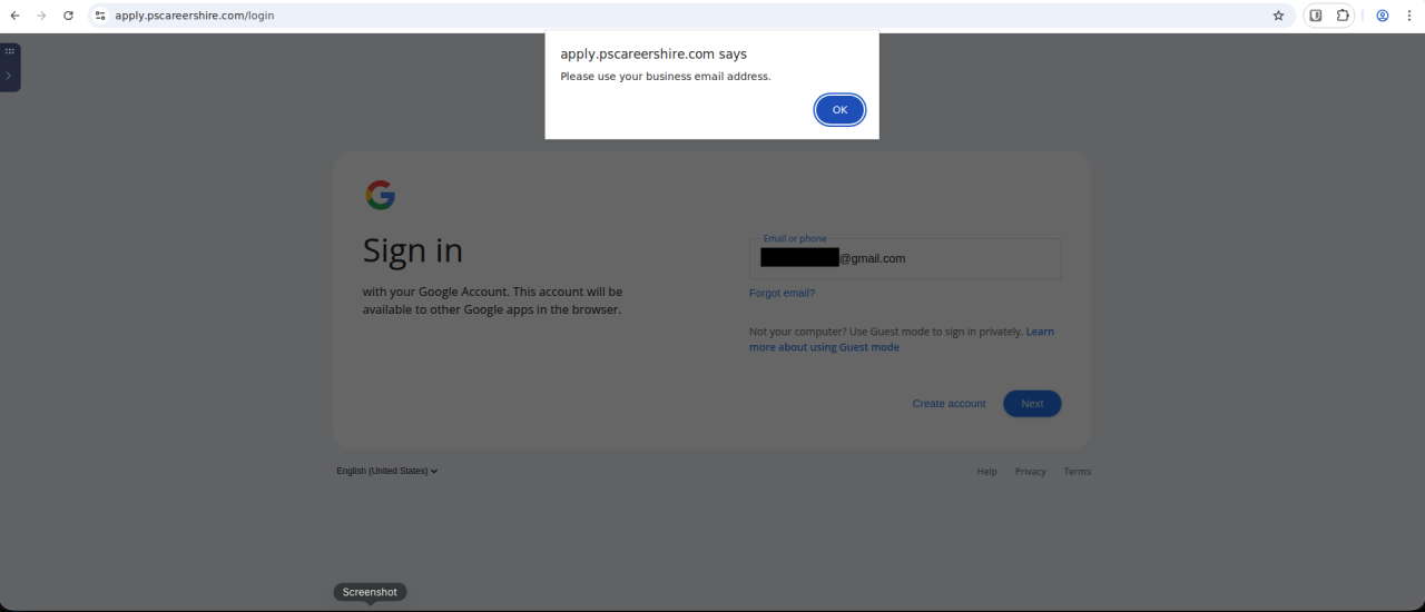 The phishing page rejects non-corporate email domains