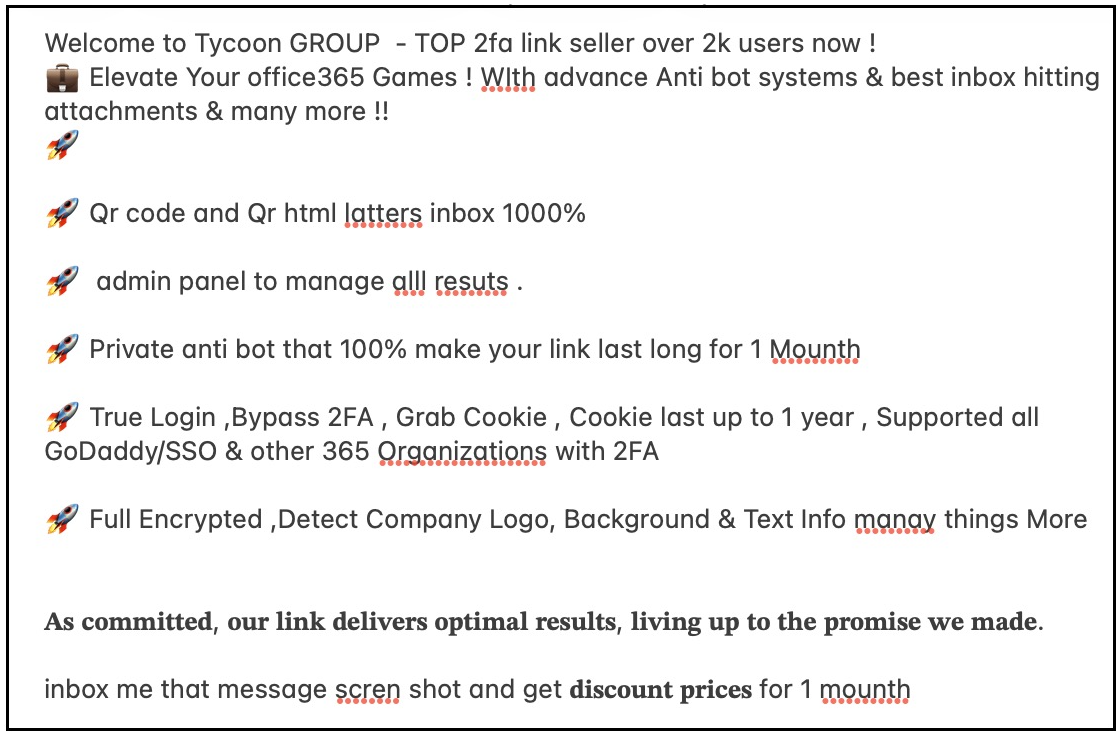 An advertisement on Telegram for the Tycoon 2FA PhaaS kit, which promotes key features including capturing session tokens, which can be used to bypass multifactor authentication (MFA).