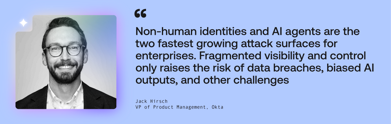 “Non-human identities and AI agents are the two fastest growing attack surfaces for enterprises,” says Jack Hirsch, VP of Product Management at Okta. “Fragmented visibility and control only raises the risk of data breaches, compliance violations, biased AI outputs, and other challenges.”