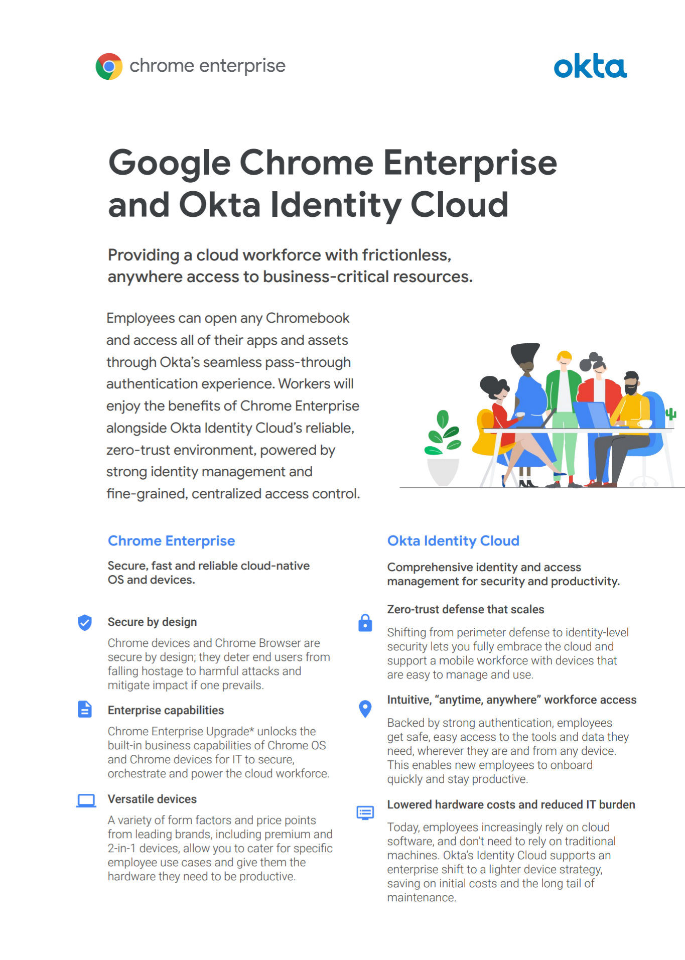 Okta and Chrome Enterprise provide a cloud workforce with frictionless, anywhere access to business-critical resources.