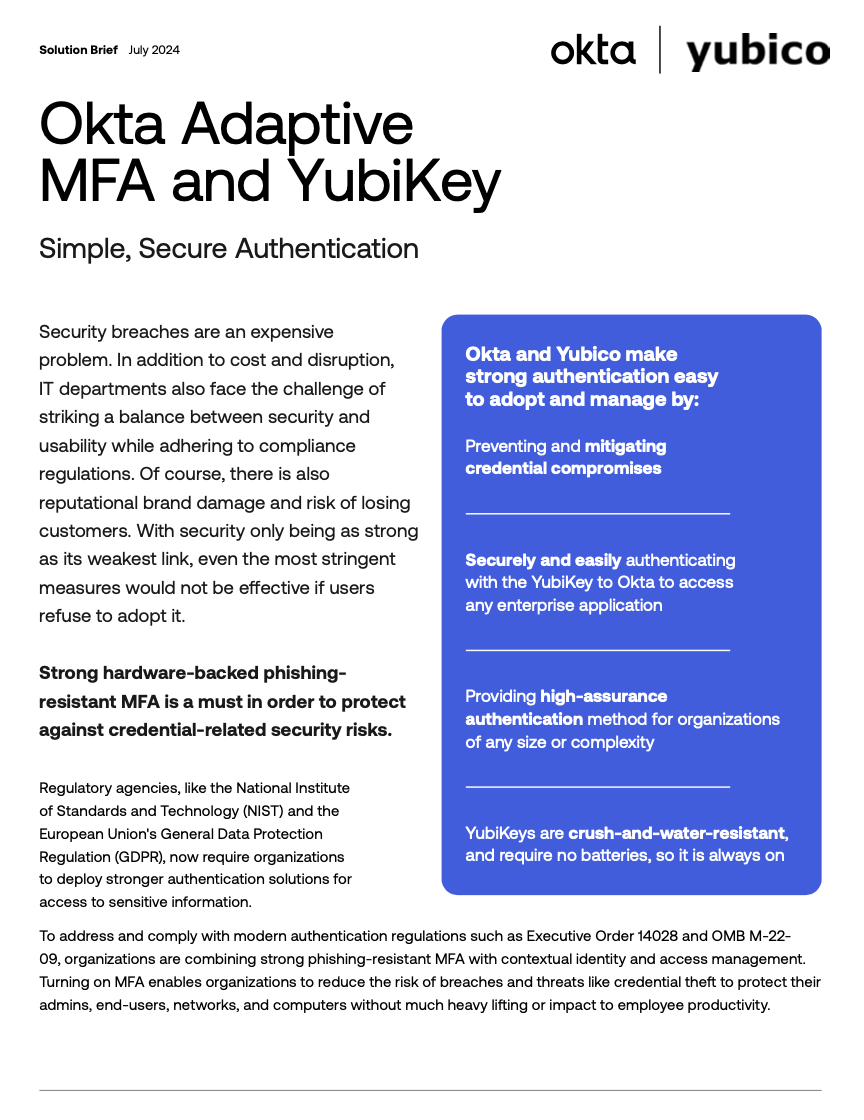 Image of a thumbnail for Okta Adaptive MFA and Yubikey datasheet.